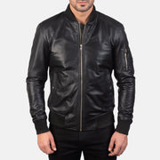 
Close-Up Detail of Rib Knit & Zipper Hardware on Men's Bomia Ma-1 Black Leather Bomber Jacket