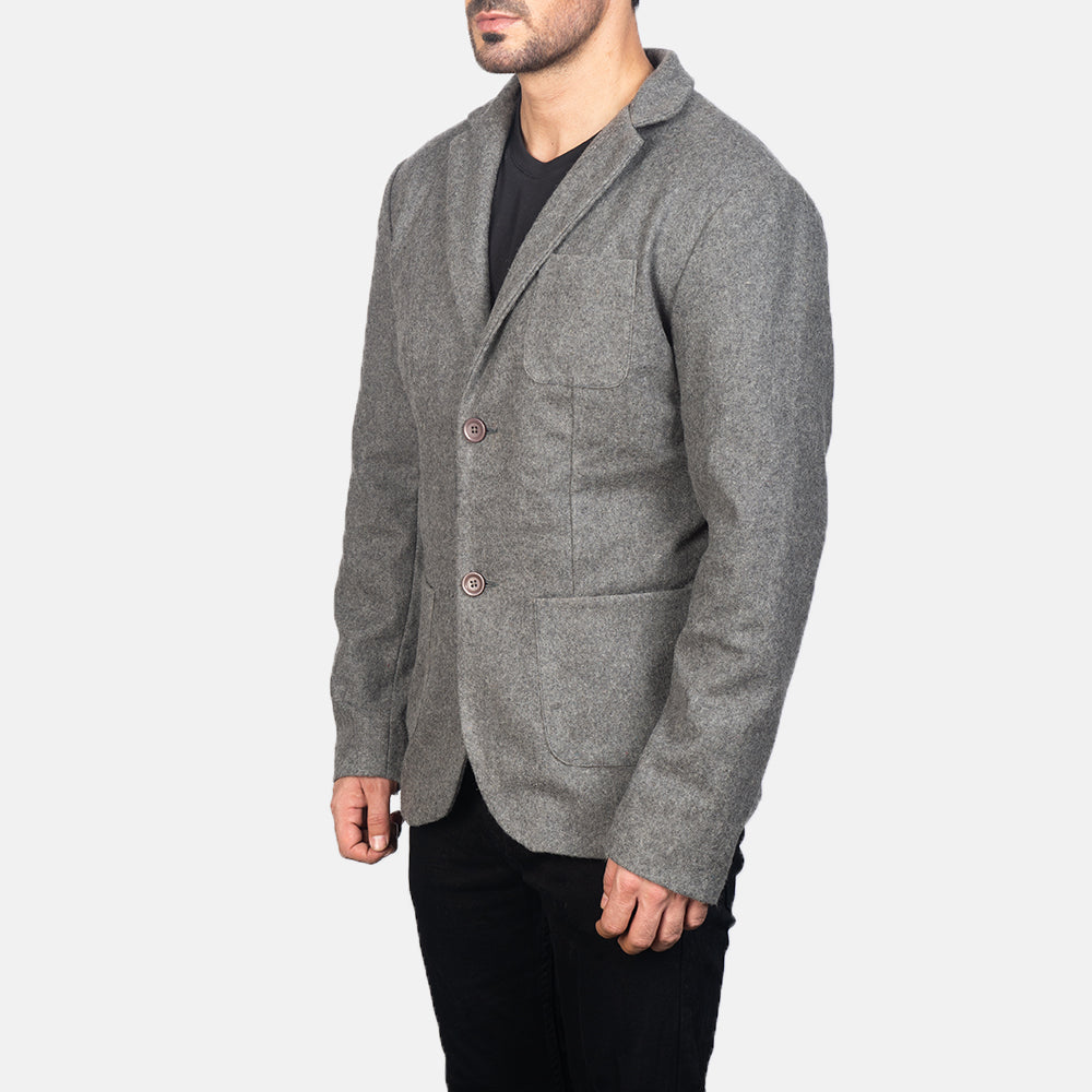 
Grey Synthetic Wool Leather Blazer - Back View Showing Tailored Shoulder Fit & Clean Hemline