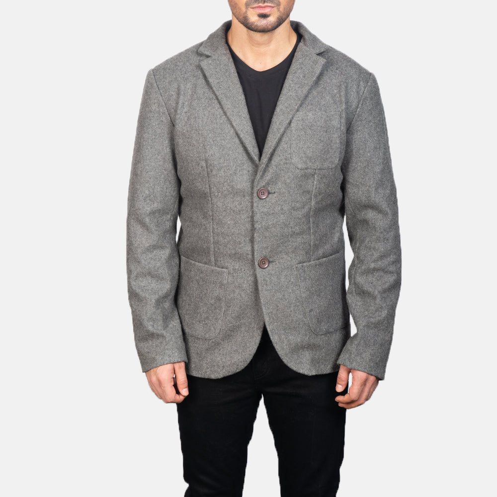 
Close-Up Detail of Notch & Button Hardware on Men's Grey Wool Blazer
