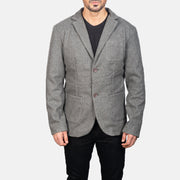 
Close-Up Detail of Notch & Button Hardware on Men's Grey Wool Blazer