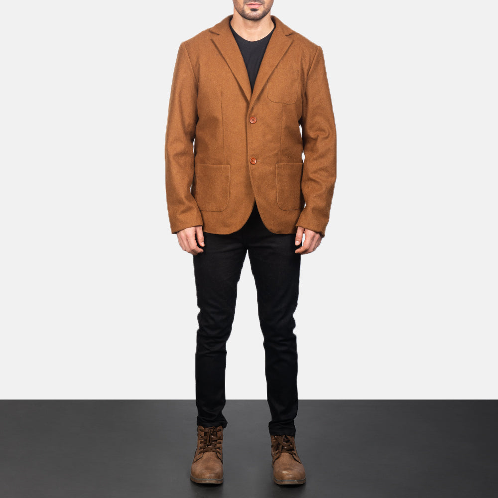 
Men's Khaki Wool Blazer - Lateral Side Profile View Showing Sleeve Cut & Athletic Taper Fit