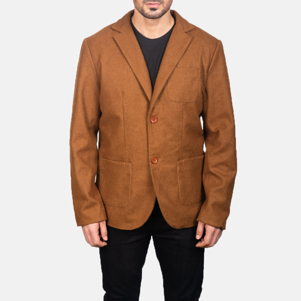 
Close-Up Detail of Notch & Button Hardware on Men's Khaki Wool Blazer