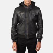 
Men's Bouncer Biz Black Leather Hooded Bomber Jacket - Lateral Side Profile View Showing Sleeve Cut & Athletic Taper Fit