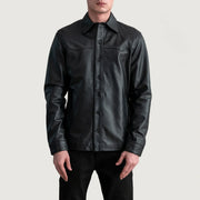 
Bronco Black Leather Shirt - Lateral Side Profile View Showing Sleeve Cut & Athletic Taper Fit