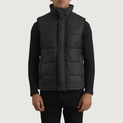 
Close-Up Detail of Classic Collar & Zipper With Placket Hardware on Bryan Black Puffer Vest