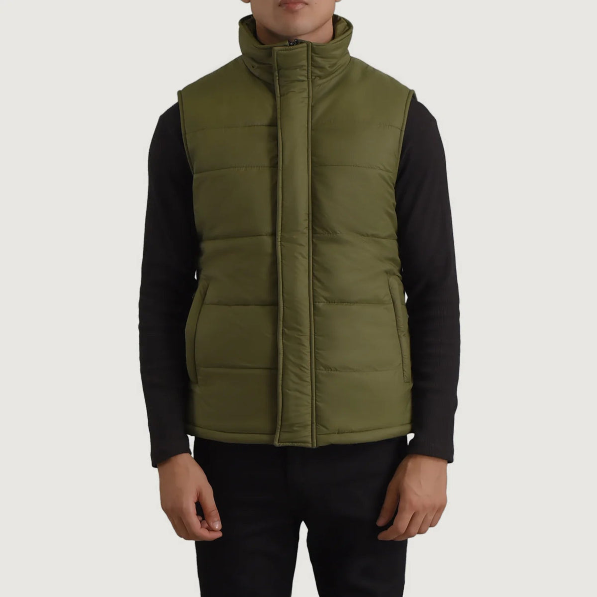 
Close-Up Detail of Classic Collar & Zipper With Placket Hardware on Bryan Green Puffer Vest