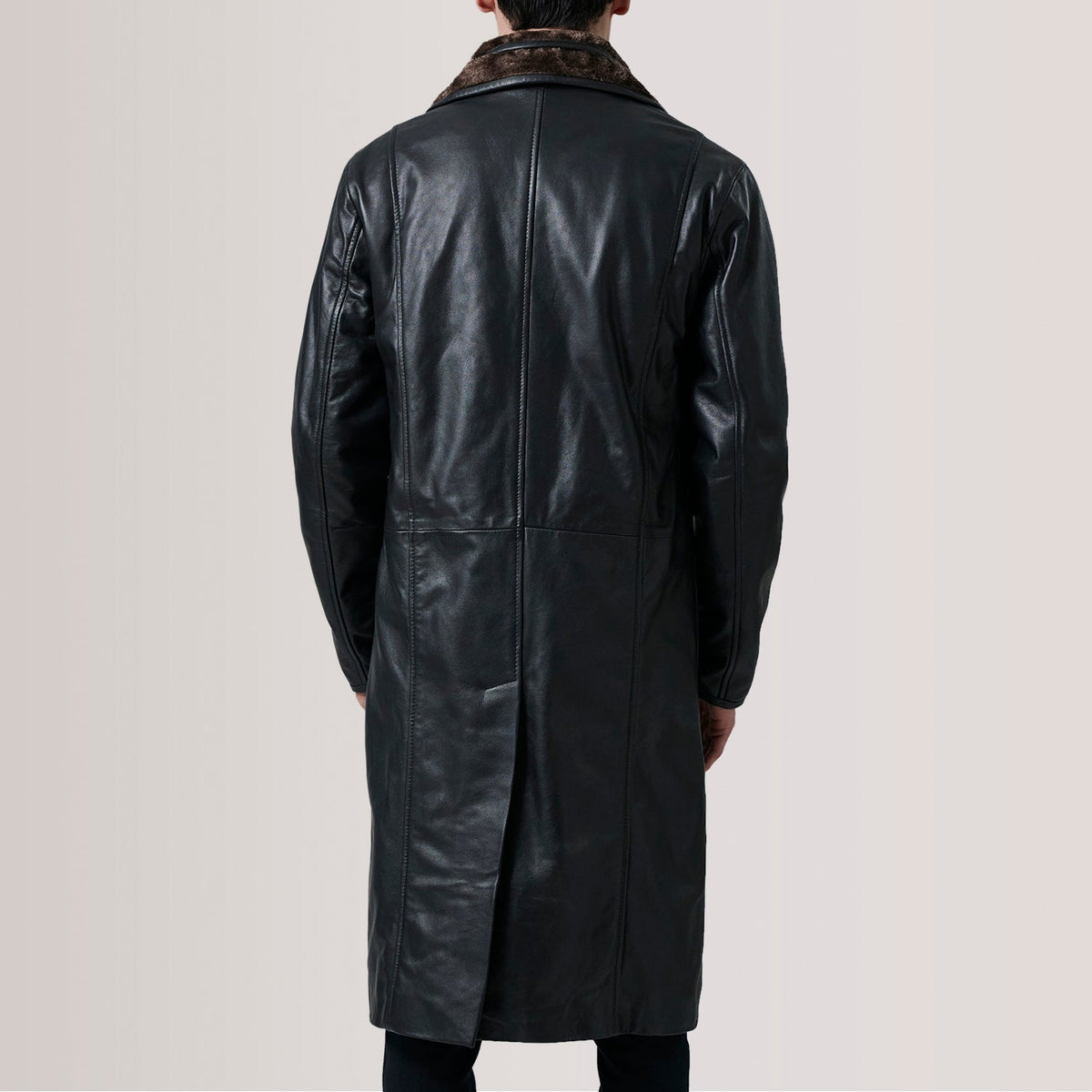 
Close-Up Detail of Notch & Button Hardware on Cai Black Leather Shearling Coat For Men