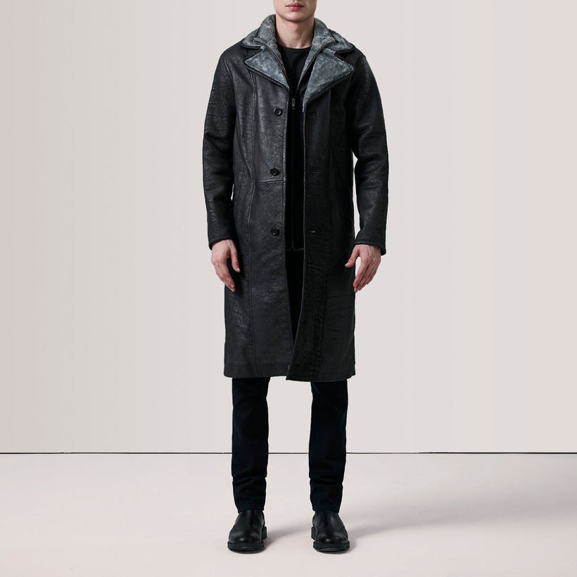 Cai Distressed Black Leather Shearling Coat