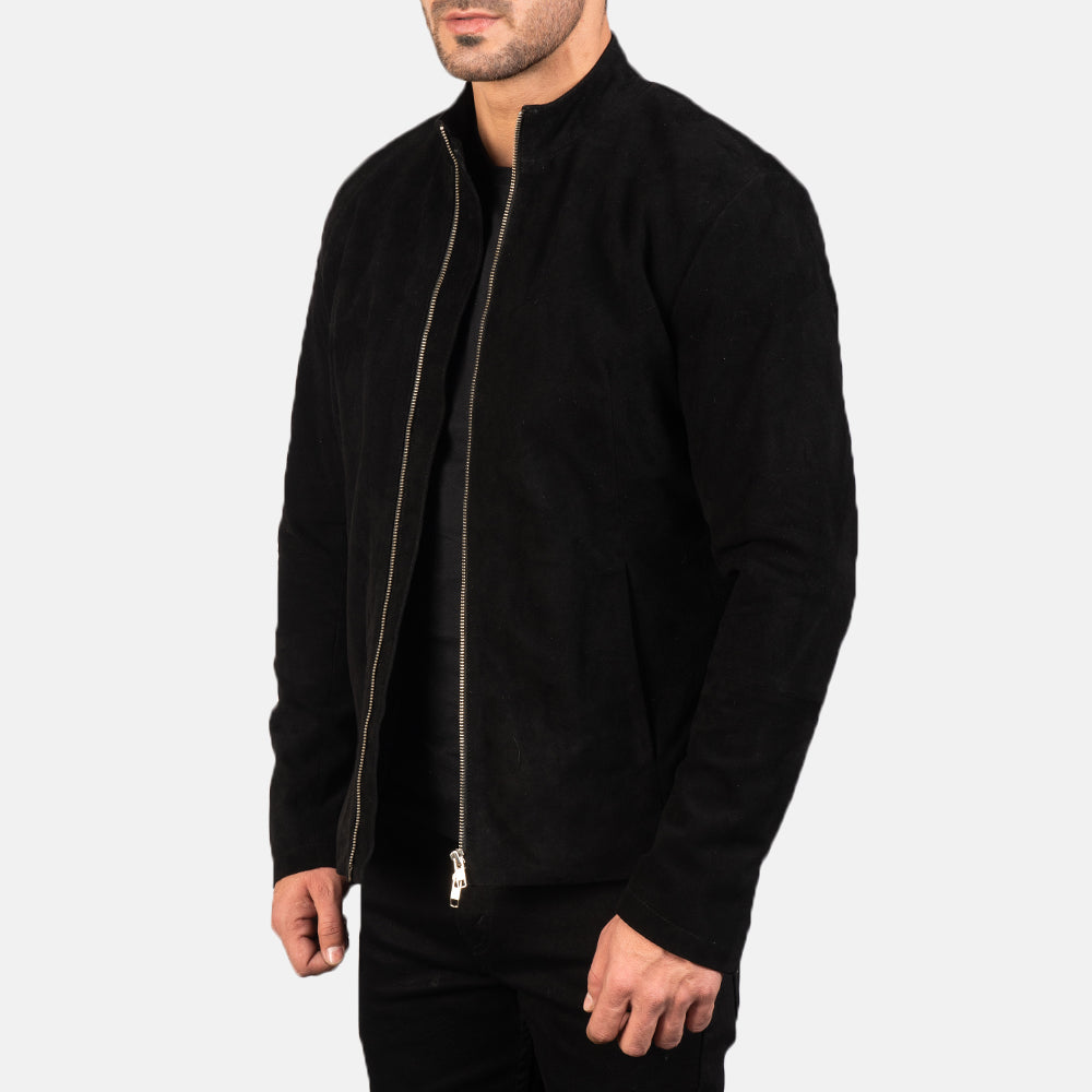 
Black Goatskin Suede Biker Jacket - Back View Showing Tailored Shoulder Fit & Clean Hemline