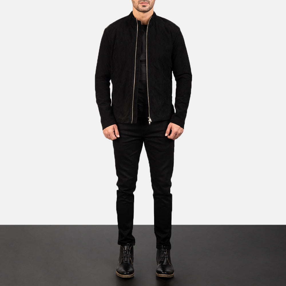 
Men's Charcoal Black Suede Biker Jacket - Lateral Side Profile View Showing Sleeve Cut & Athletic Taper Fit