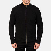 
Close-Up Detail of Mandarin & Zipper with Dual Puller Hardware on Men's Charcoal Black Suede Biker Jacket
