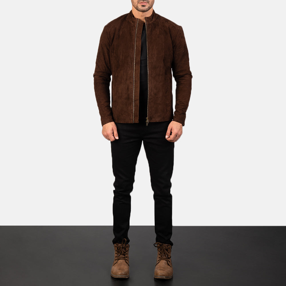 
Men's Charcoal Mocha Suede Biker Jacket - Lateral Side Profile View Showing Sleeve Cut & Athletic Taper Fit