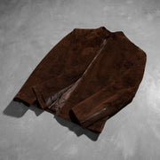 
Styled Fit Perspective of Men's Charcoal Mocha Suede Biker Jacket on Model - Natural Daylight Drape