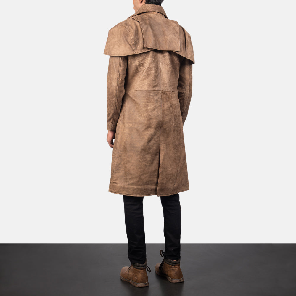 
Men's Classic Brown Leather Duster - Lateral Side Profile View Showing Sleeve Cut & Athletic Taper Fit