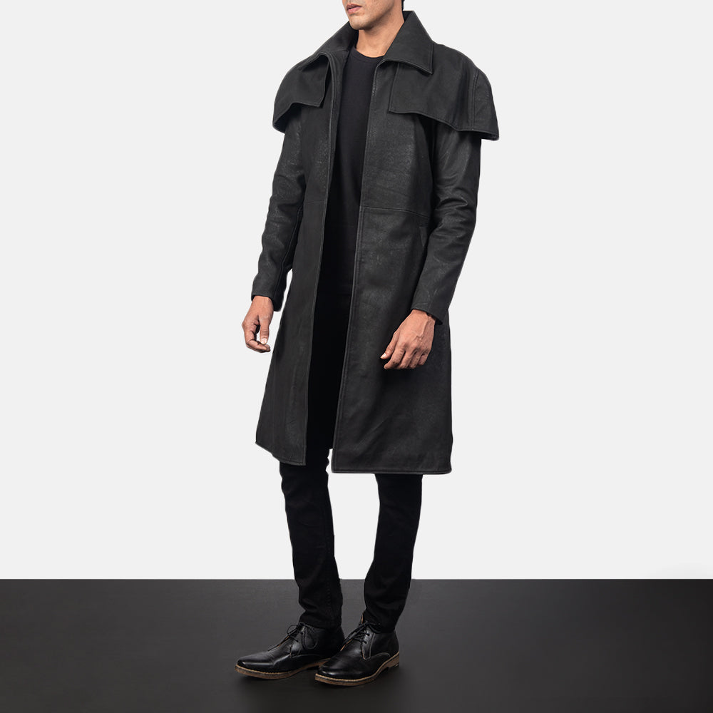 
Distressed Black Sheepskin Snuffed Trench Coat - Back View Showing Tailored Shoulder Fit & Clean Hemline