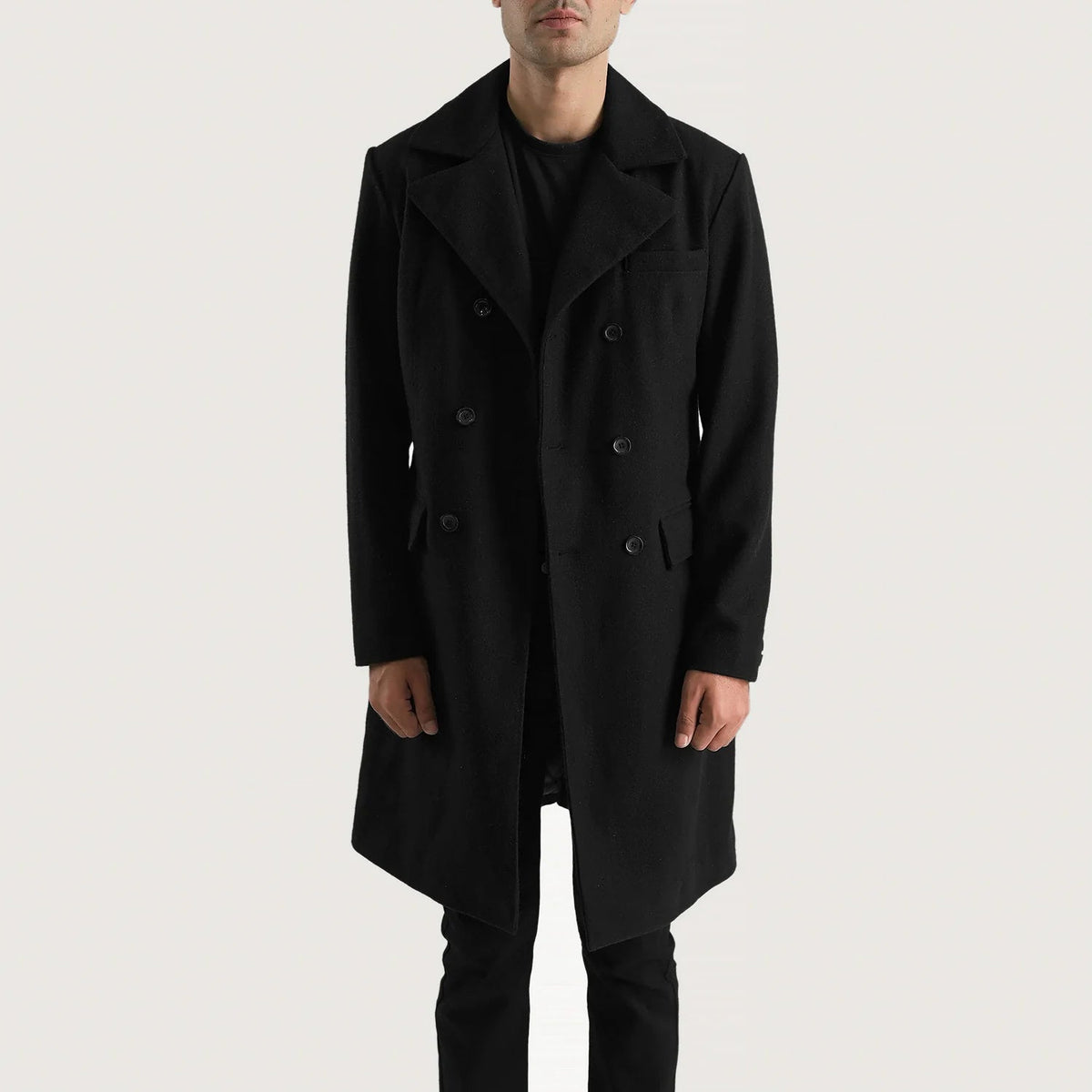 
Close-Up Detail of Notch & Button Hardware on Men's Claud Black Wool Double Breasted Coat