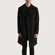 
Close-Up Detail of Notch & Button Hardware on Men's Claud Black Wool Double Breasted Coat