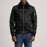 
Clyde B-15 Black Bomber Jacket in Black Satin - Front Profile View & Tailored Silhouette | Buy Online