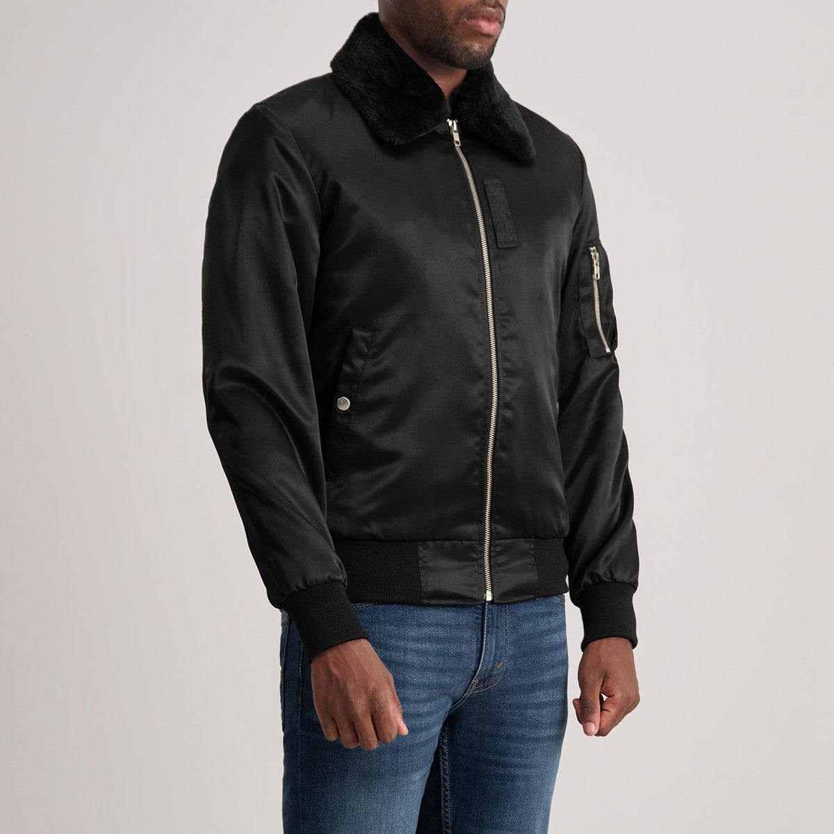 
Black Satin Bomber Jacket - Back View Showing Tailored Shoulder Fit & Clean Hemline