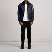 
Close-Up Detail of Removable faux fur collar & Zipper Hardware on Clyde B-15 Blue Bomber Jacket