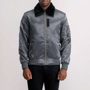 
Clyde B-15 Grey Bomber Jacket in Grey Satin - Front Profile View & Tailored Silhouette | Buy Online