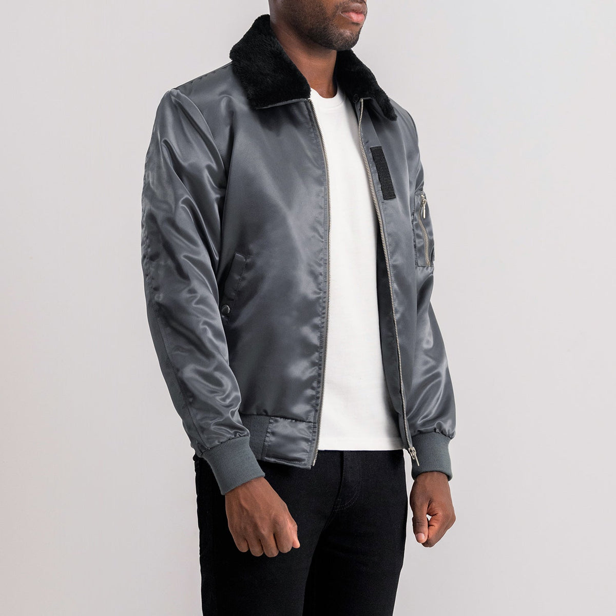 
Grey Satin Bomber Jacket - Back View Showing Tailored Shoulder Fit & Clean Hemline