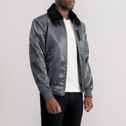 
Grey Satin Bomber Jacket - Back View Showing Tailored Shoulder Fit & Clean Hemline