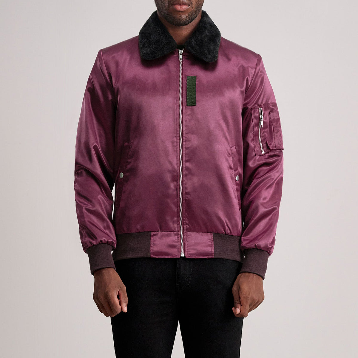 
Clyde B-15 Maroon Bomber Jacket in Maroon Satin - Front Profile View & Tailored Silhouette | Buy Online