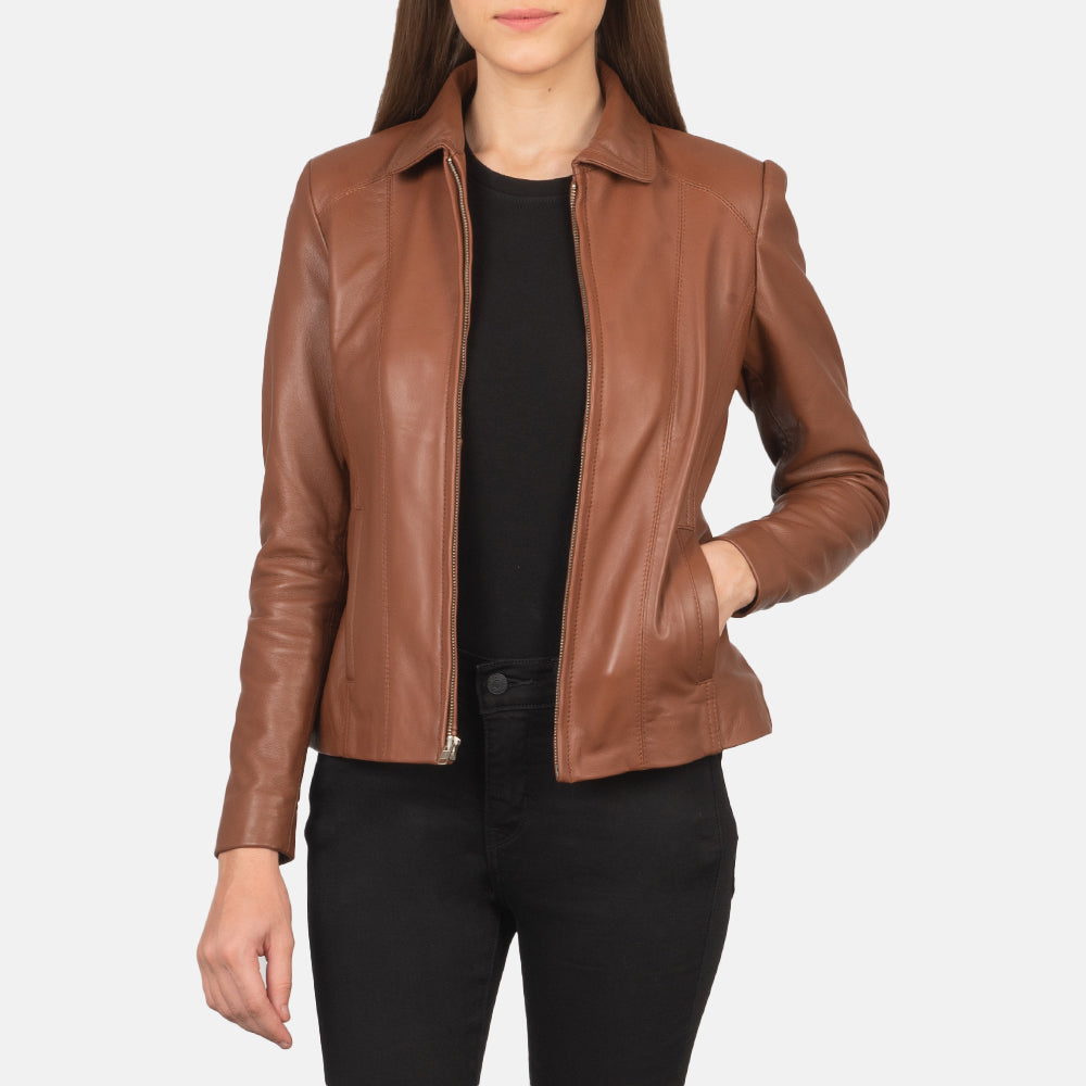 
Women Colette Brown Leather Jacket in Brown Sheepskin Leather - Front Profile View & Tailored Silhouette | Buy Online
