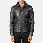 
Norman Black Hooded Bomber Leather Puffer Jacket in Blue Sheepskin Leather - Front Profile View & Tailored Silhouette | Buy Online