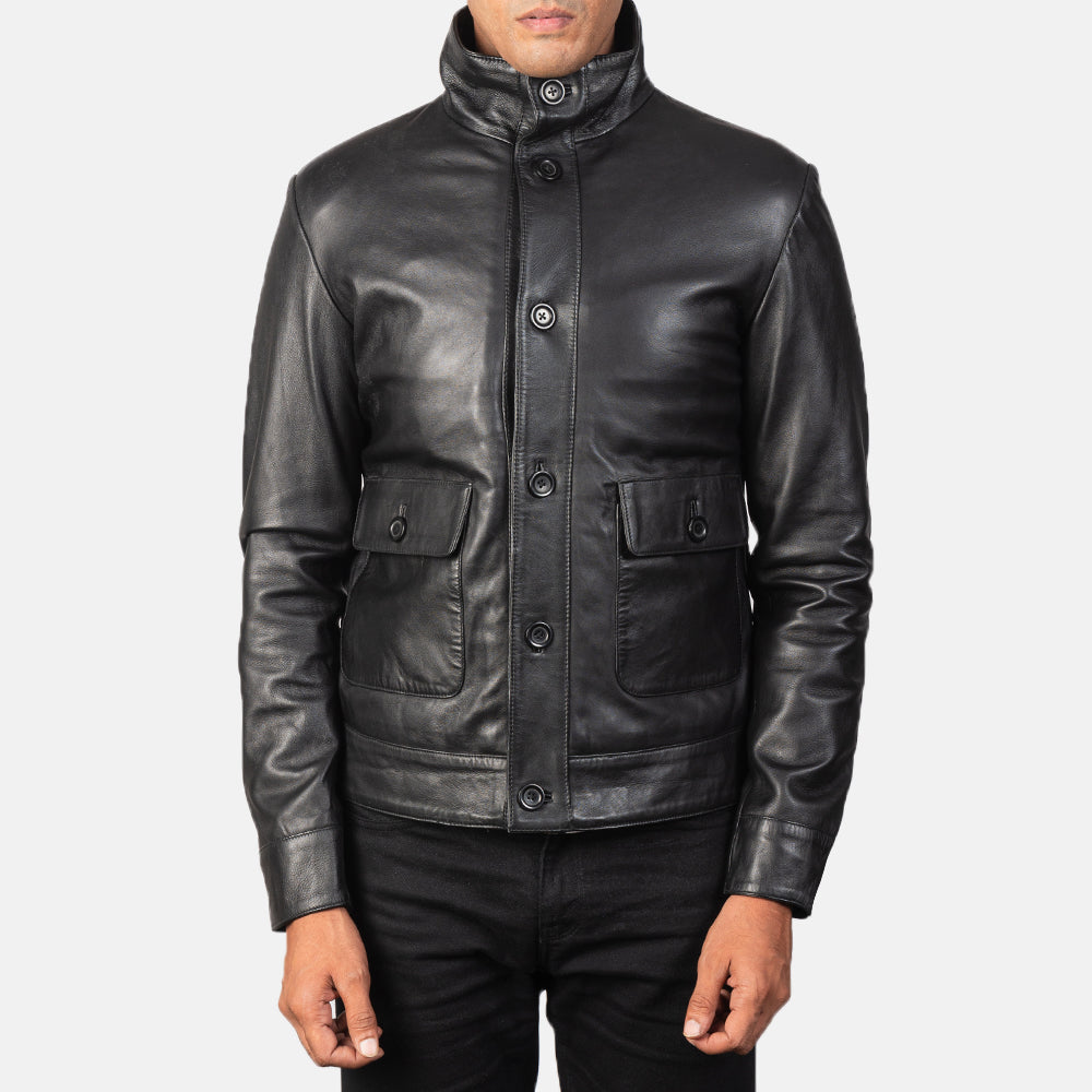 
Norman Black Hooded Bomber Leather Puffer Jacket - Lateral Side Profile View Showing Sleeve Cut & Athletic Taper Fit