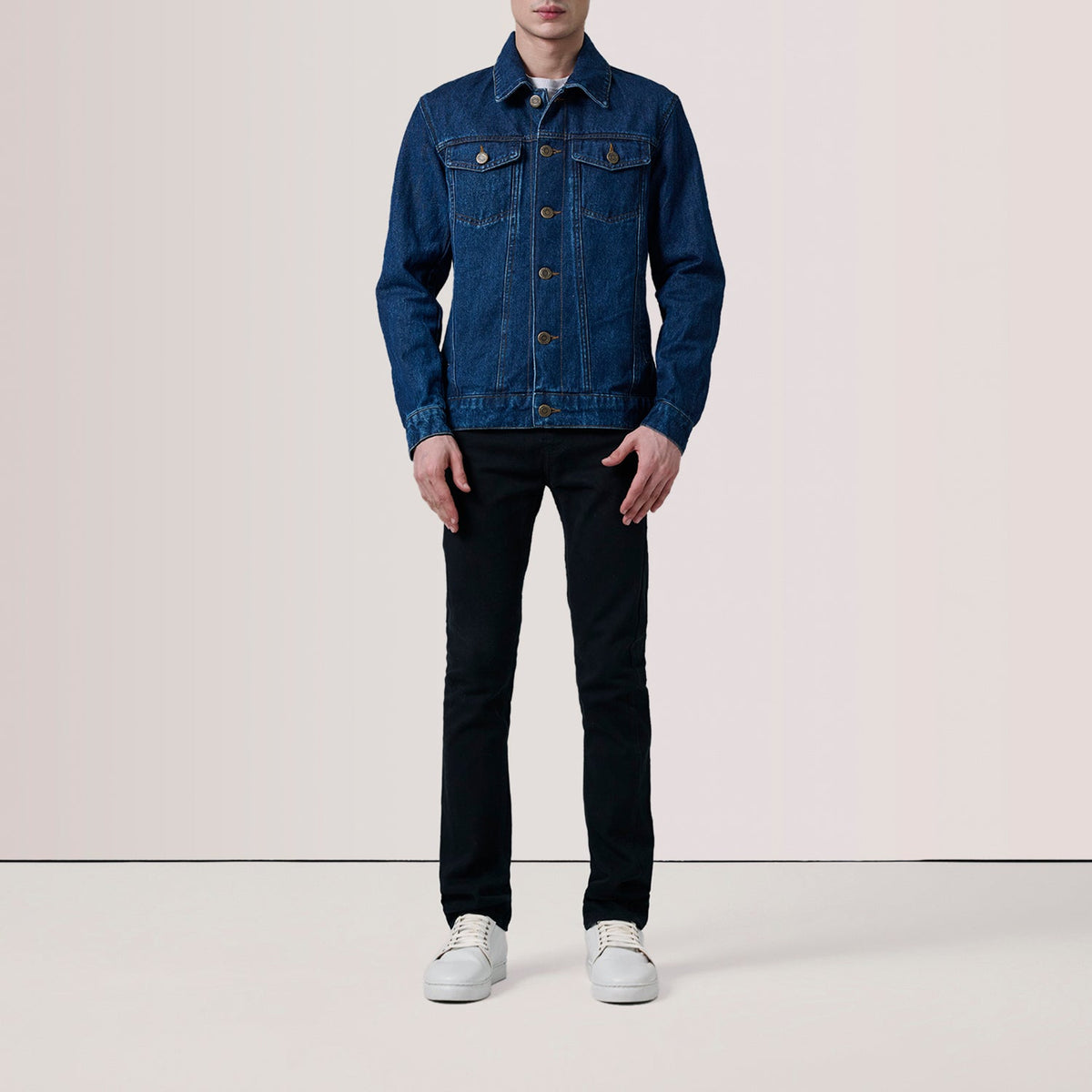 
Dark Blue Full-Grain leather Jacket - Back View Showing Tailored Shoulder Fit & Clean Hemline