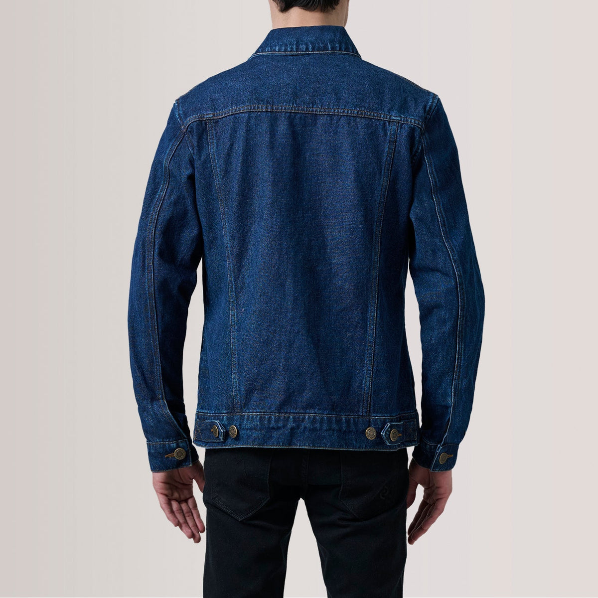 
Close-Up Detail of Classic Collar & Heavy-Duty Zipper Hardware on Conard Dark Blue Denim Trucker Jacket For Men