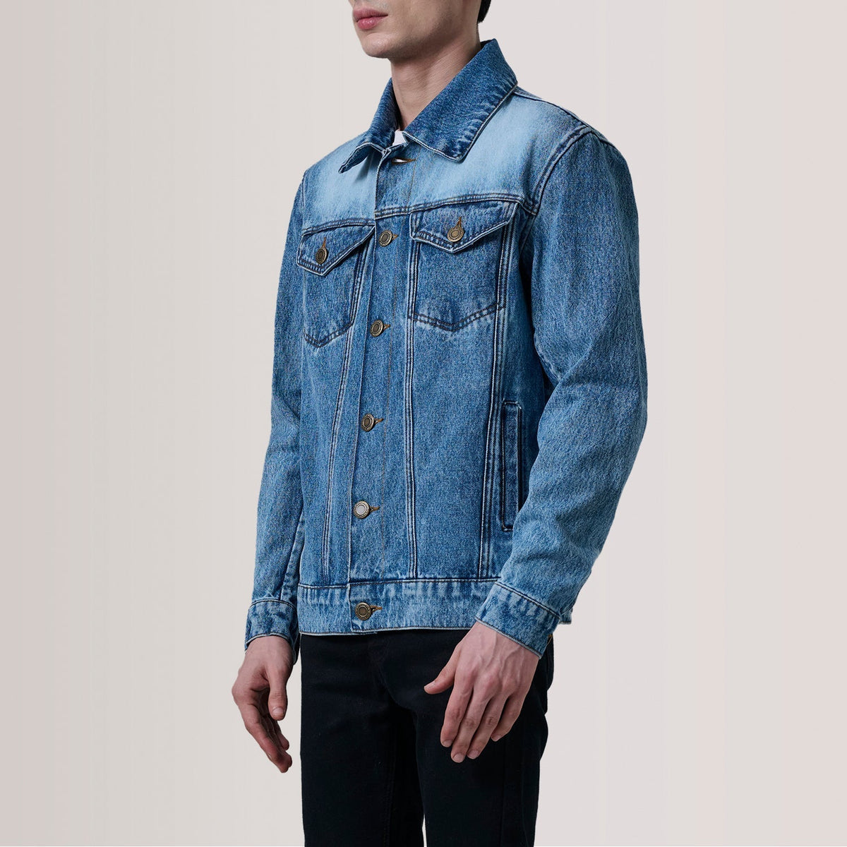 
Conard Ice Blue Denim Trucker Jacket For Men - Lateral Side Profile View Showing Sleeve Cut & Athletic Taper Fit