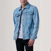 
Conard Light Blue Denim Trucker Jacket For Men in Light Blue Full-Grain Leather - Front Profile View & Tailored Silhouette | Buy Online