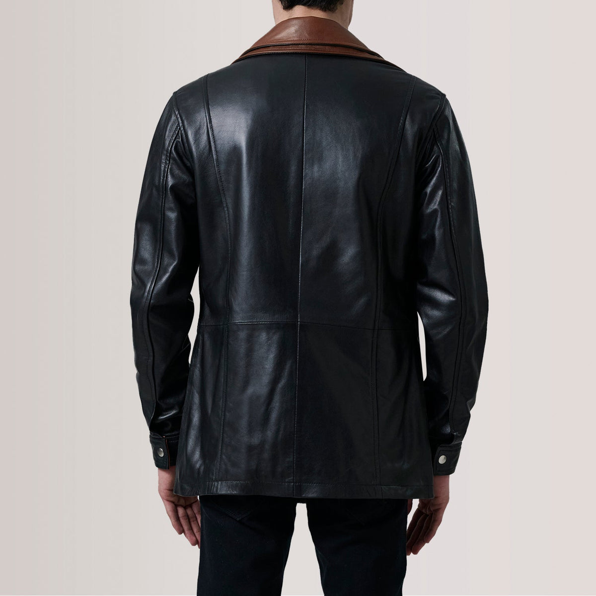 
Close-Up Detail of Shirt & Zipper with placket Hardware on Connor Black Leather Coat For Men