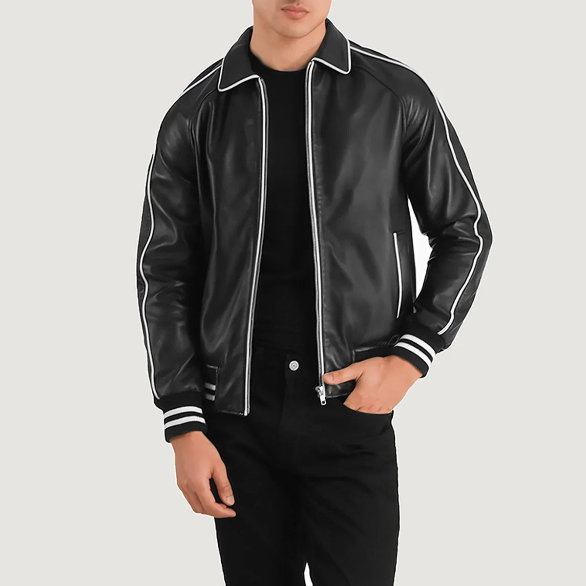 
Cooper Black Leather Varsity Jacket in Black Sheepskin Leather - Front Profile View & Tailored Silhouette | Buy Online