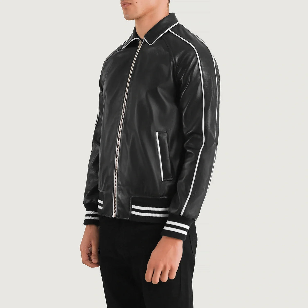 
Black Sheepskin Leather Varsity Jacket - Back View Showing Tailored Shoulder Fit & Clean Hemline