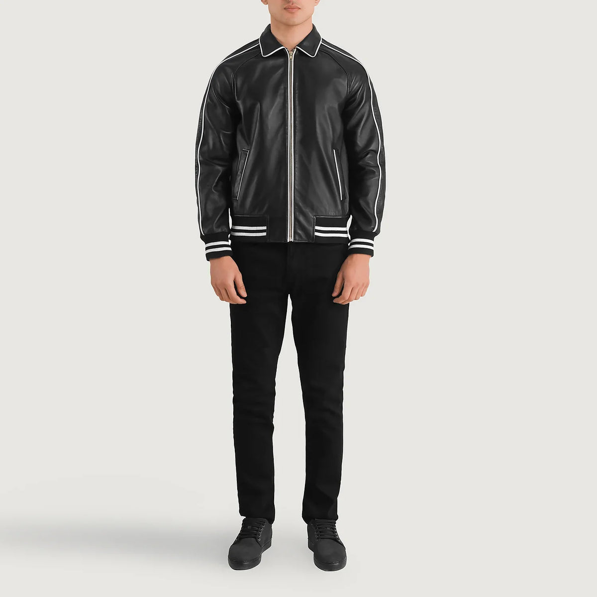 
Cooper Black Leather Varsity Jacket - Lateral Side Profile View Showing Sleeve Cut & Athletic Taper Fit