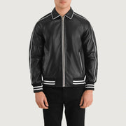 
Close-Up Detail of Shirt collar & Zipper Hardware on Cooper Black Leather Varsity Jacket