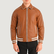 
Close-Up Detail of Shirt collar & Zipper Hardware on Cooper Tan Brown Leather Varsity Jacket