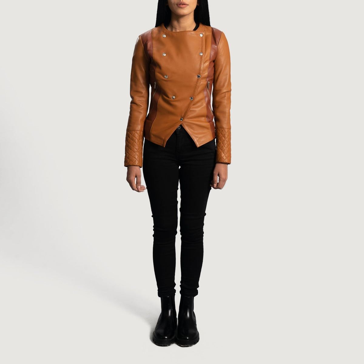
Close-Up Detail of Classic Collar & Button Hardware on Women's County Tan Overlap Leather Jacket
