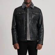 
Dallis Black Leather Shearling Trucker Jacket in Black Sheepskin Leather - Front Profile View & Tailored Silhouette | Buy Online