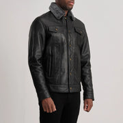 
Black Sheepskin Leather Aviator Jacket - Back View Showing Tailored Shoulder Fit & Clean Hemline
