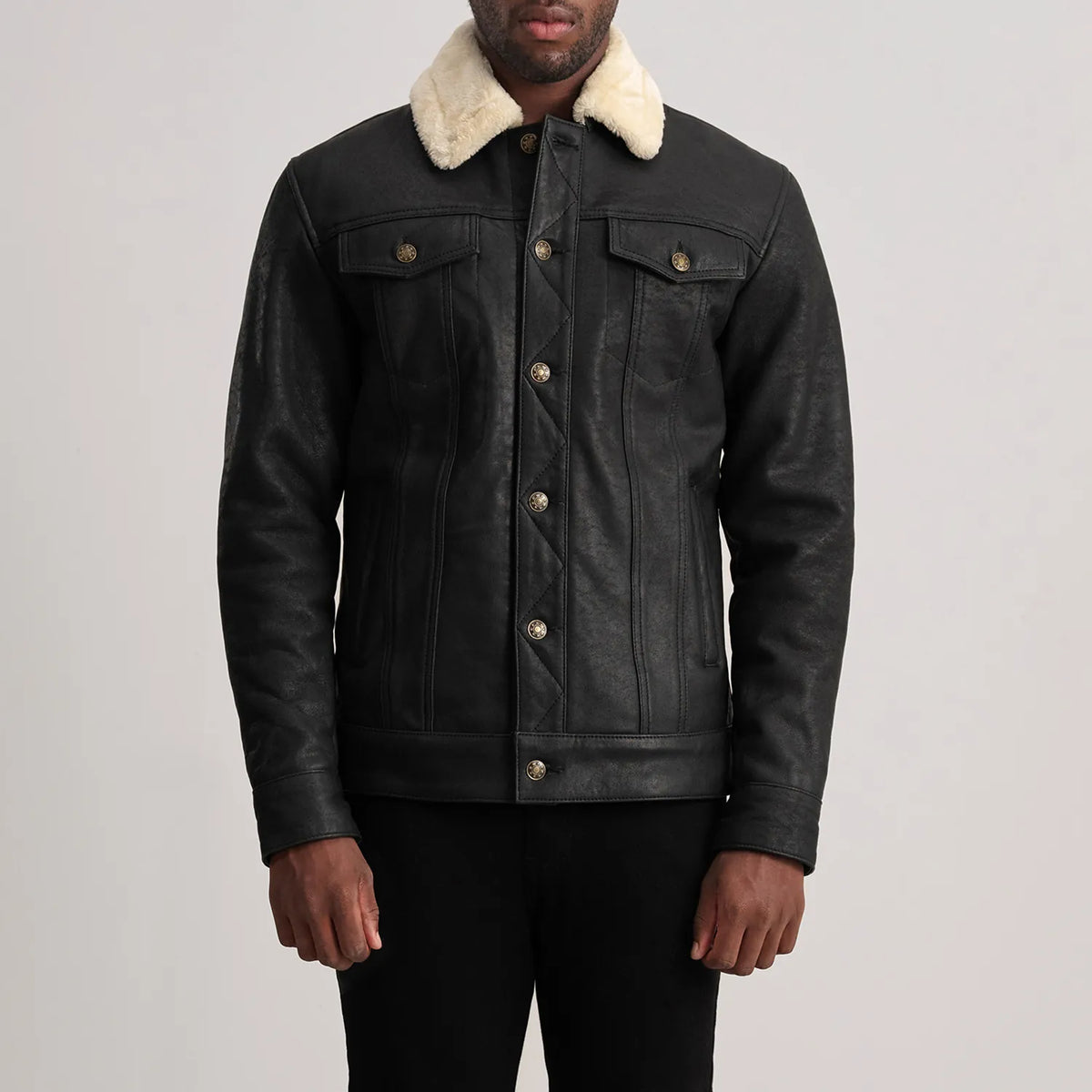 
Dallis Tumbled Black Shearling Trucker Jacket in Distressed Black Sheepskin Snuffed - Front Profile View & Tailored Silhouette | Buy Online