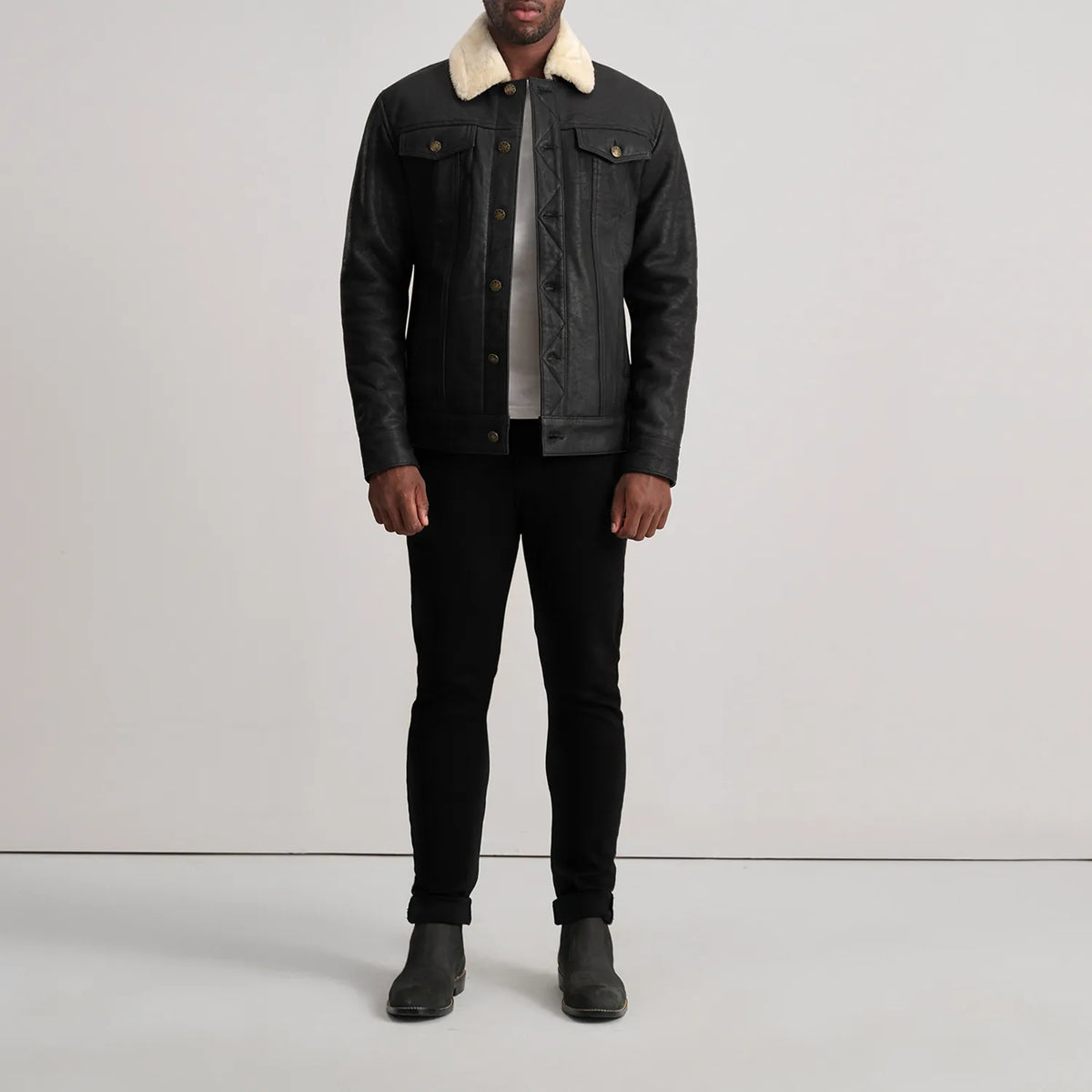 
Dallis Tumbled Black Shearling Trucker Jacket - Lateral Side Profile View Showing Sleeve Cut & Athletic Taper Fit