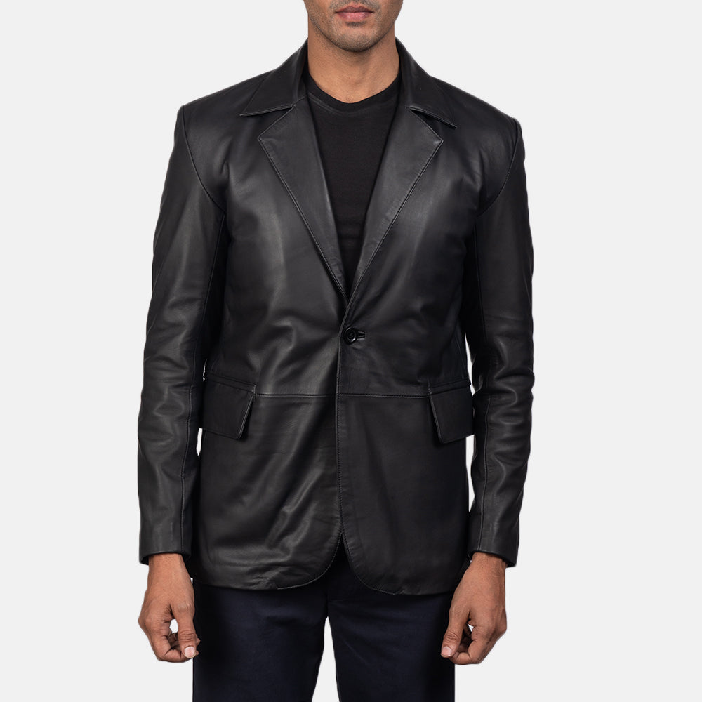 
Men's Daron Black Leather Blazer in Black Sheepskin Leather - Front Profile View & Tailored Silhouette | Buy Online