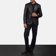 
Men's Daron Black Leather Blazer - Lateral Side Profile View Showing Sleeve Cut & Athletic Taper Fit