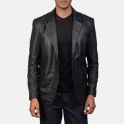 
Close-Up Detail of Notch & Button Hardware on Men's Daron Black Leather Blazer