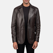 
Close-Up Detail of Notch & Button Hardware on Daron Brown Leather Blazer